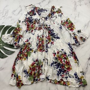 Womens Vintage 90s Bell Sleeve Open Tunic Size M White Purple Floral Ruffles